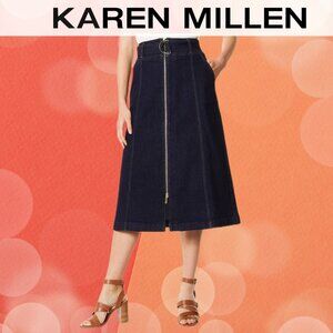 Karen Millen - Denim A-Line Skirt With Gold Zipper & Buckle - US 10